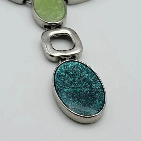 Napier Silver Tone Green Enamel Y-Drop Necklace Faux-Gem Art Deco 19" Adjustable - Picture 2 of 6